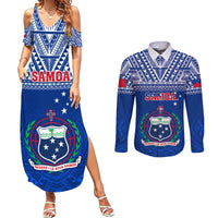 Custom Samoa Rugby Couples Matching Summer Maxi Dress and Long Sleeve Button Shirts Manu Samoa Polynesian Tatoo Pattern LT01 Blue - Polynesian Pride