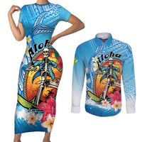 Personalized Aloha Hawaii Skeleton Surfing Couples Matching Short Sleeve Bodycon Dress and Long Sleeve Button Shirt Tribal Shark Plumeria
