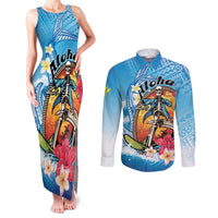 Personalized Aloha Hawaii Skeleton Surfing Couples Matching Tank Maxi Dress and Long Sleeve Button Shirt Tribal Shark Plumeria