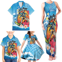 Personalized Aloha Hawaii Skeleton Surfing Family Matching Tank Maxi Dress and Hawaiian Shirt Tribal Shark Plumeria