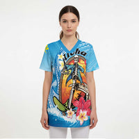 Personalized Aloha Hawaii Skeleton Surfing Scrub Top Tribal Shark Plumeria - Polynesian Pride