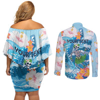 Personalized Hawaii Hula Girl Skeleton Dancing Couples Matching Off Shoulder Short Dress and Long Sleeve Button Shirt Hibiscus Tribal Shark