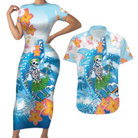 Personalized Hawaii Hula Girl Skeleton Dancing Couples Matching Short Sleeve Bodycon Dress and Hawaiian Shirt Hibiscus Tribal Shark
