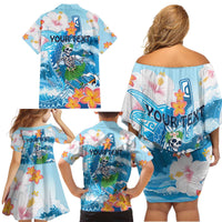 Personalized Hawaii Hula Girl Skeleton Dancing Family Matching Off Shoulder Short Dress and Hawaiian Shirt Hibiscus Tribal Shark