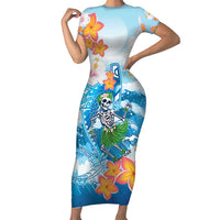 Personalized Hawaii Hula Girl Skeleton Dancing Family Matching Short Sleeve Bodycon Dress and Hawaiian Shirt Hibiscus Tribal Shark
