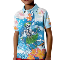 Personalized Hawaii Hula Girl Skeleton Dancing Kid Polo Shirt Hibiscus Tribal Shark
