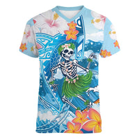 Personalized Hawaii Hula Girl Skeleton Dancing Women V-Neck T-Shirt Hibiscus Tribal Shark