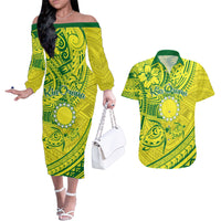 Kia Orana Cook Islands Couples Matching Off The Shoulder Long Sleeve Dress and Hawaiian Shirt Turtle Yellow Green Polynesian Pattern LT01 Green - Polynesian Pride