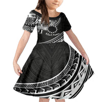 Kia Orana Cook Islands Family Matching Mermaid Dress and Hawaiian Shirt Circle Stars With Floral White Pattern LT01 Daughter's Dress Black - Polynesian Pride