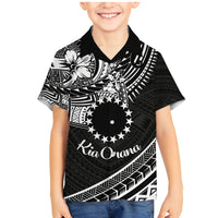 Kia Orana Cook Islands Family Matching Mermaid Dress and Hawaiian Shirt Circle Stars With Floral White Pattern LT01 Son's Shirt Black - Polynesian Pride