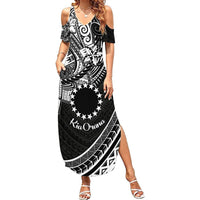Kia Orana Cook Islands Summer Maxi Dress Circle Stars With Floral White Pattern LT01 Women Black - Polynesian Pride