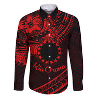 Kia Orana Cook Islands Family Matching Mermaid Dress and Hawaiian Shirt Circle Stars With Floral Red Pattern LT01 Dad's Shirt - Long Sleeve Red - Polynesian Pride