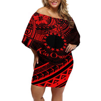 Kia Orana Cook Islands Off Shoulder Short Dress Circle Stars With Floral Red Pattern LT01 Women Red - Polynesian Pride