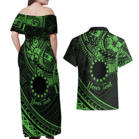 Kia Orana Cook Islands Couples Matching Off Shoulder Maxi Dress and Hawaiian Shirt Circle Stars With Floral Green Pattern LT01