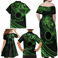 Kia Orana Cook Islands Family Matching Off Shoulder Maxi Dress and Hawaiian Shirt Circle Stars With Floral Green Pattern LT01