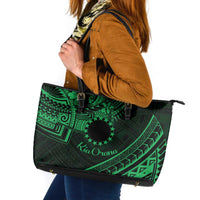 Kia Orana Cook Islands Leather Tote Bag Circle Stars With Floral Green Pattern LT01