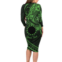 Kia Orana Cook Islands Long Sleeve Bodycon Dress Circle Stars With Floral Green Pattern LT01