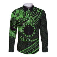 Kia Orana Cook Islands Long Sleeve Button Shirt Circle Stars With Floral Green Pattern LT01 Unisex Green - Polynesian Pride