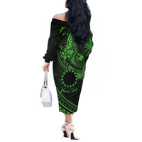 Kia Orana Cook Islands Off The Shoulder Long Sleeve Dress Circle Stars With Floral Green Pattern LT01