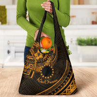 Kia Orana Cook Islands Grocery Bag Circle Stars With Floral Gold Pattern