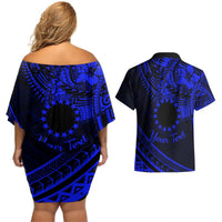 Kia Orana Cook Islands Couples Matching Off Shoulder Short Dress and Hawaiian Shirt Circle Stars With Floral Navy Blue Pattern LT01 - Polynesian Pride