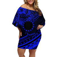 Kia Orana Cook Islands Family Matching Off Shoulder Short Dress and Hawaiian Shirt Circle Stars With Floral Navy Blue Pattern LT01 Mom's Dress Blue - Polynesian Pride