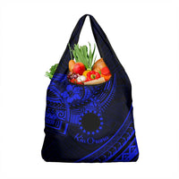 Kia Orana Cook Islands Grocery Bag Circle Stars With Floral Navy Blue Pattern