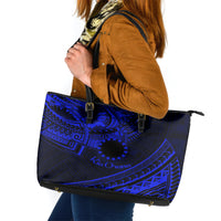 Kia Orana Cook Islands Leather Tote Bag Circle Stars With Floral Navy Blue Pattern LT01 Blue - Polynesian Pride