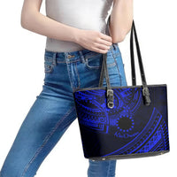 Kia Orana Cook Islands Leather Tote Bag Circle Stars With Floral Navy Blue Pattern LT01 - Polynesian Pride