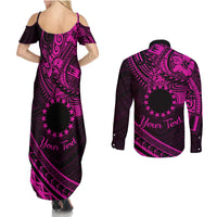 Kia Orana Cook Islands Couples Matching Summer Maxi Dress and Long Sleeve Button Shirt Circle Stars With Floral Pink Pattern LT01 - Polynesian Pride