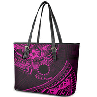 Kia Orana Cook Islands Leather Tote Bag Circle Stars With Floral Pink Pattern LT01 - Polynesian Pride