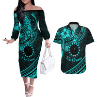 Kia Orana Cook Islands Couples Matching Off The Shoulder Long Sleeve Dress and Hawaiian Shirt Circle Stars With Floral Turquoise Pattern LT01 Turquoise - Polynesian Pride