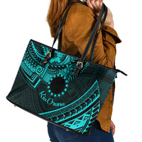 Kia Orana Cook Islands Leather Tote Bag Circle Stars With Floral Turquoise Pattern LT01 - Polynesian Pride