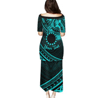 Kia Orana Cook Islands Puletasi Circle Stars With Floral Turquoise Pattern LT01 - Polynesian Pride