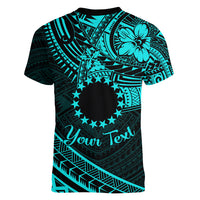 Kia Orana Cook Islands Women V Neck T Shirt Circle Stars With Floral Turquoise Pattern LT01 - Polynesian Pride