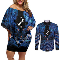 Personalised Aotearoa Matariki Couples Matching Off Shoulder Short Dress and Long Sleeve Button Shirt Blue Fern Maori Poutama