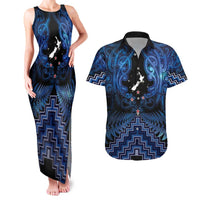 Personalised Aotearoa Matariki Couples Matching Tank Maxi Dress and Hawaiian Shirt Blue Fern Maori Poutama