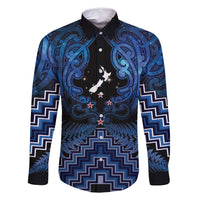 Personalised Aotearoa Matariki Family Matching Long Sleeve Bodycon Dress and Hawaiian Shirt Blue Fern Maori Poutama