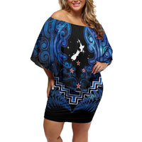 Personalised Aotearoa Matariki Family Matching Off Shoulder Short Dress and Hawaiian Shirt Blue Fern Maori Poutama