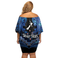 Personalised Aotearoa Matariki Family Matching Off Shoulder Short Dress and Hawaiian Shirt Blue Fern Maori Poutama