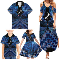 Personalised Aotearoa Matariki Family Matching Summer Maxi Dress and Hawaiian Shirt Blue Fern Maori Poutama