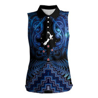 Personalised Aotearoa Matariki Women Sleeveless Polo Shirt Blue Fern Maori Poutama