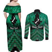Personalised Aotearoa Matariki Couples Matching Off Shoulder Maxi Dress and Long Sleeve Button Shirt Green Fern Maori Poutama