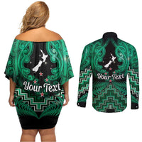 Personalised Aotearoa Matariki Couples Matching Off Shoulder Short Dress and Long Sleeve Button Shirt Green Fern Maori Poutama
