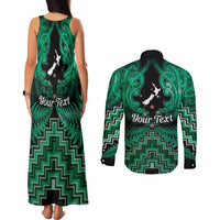Personalised Aotearoa Matariki Couples Matching Tank Maxi Dress and Long Sleeve Button Shirt Green Fern Maori Poutama