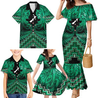 Personalised Aotearoa Matariki Family Matching Mermaid Dress and Hawaiian Shirt Green Fern Maori Poutama