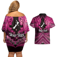 Personalised Aotearoa Matariki Couples Matching Off Shoulder Short Dress and Hawaiian Shirt Pink Fern Maori Poutama