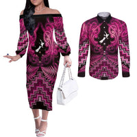 Personalised Aotearoa Matariki Couples Matching Off The Shoulder Long Sleeve Dress and Long Sleeve Button Shirt Pink Fern Maori Poutama