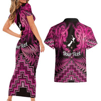 Personalised Aotearoa Matariki Couples Matching Short Sleeve Bodycon Dress and Hawaiian Shirt Pink Fern Maori Poutama