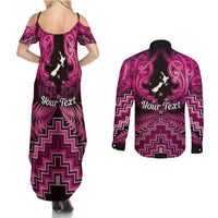 Personalised Aotearoa Matariki Couples Matching Summer Maxi Dress and Long Sleeve Button Shirt Pink Fern Maori Poutama